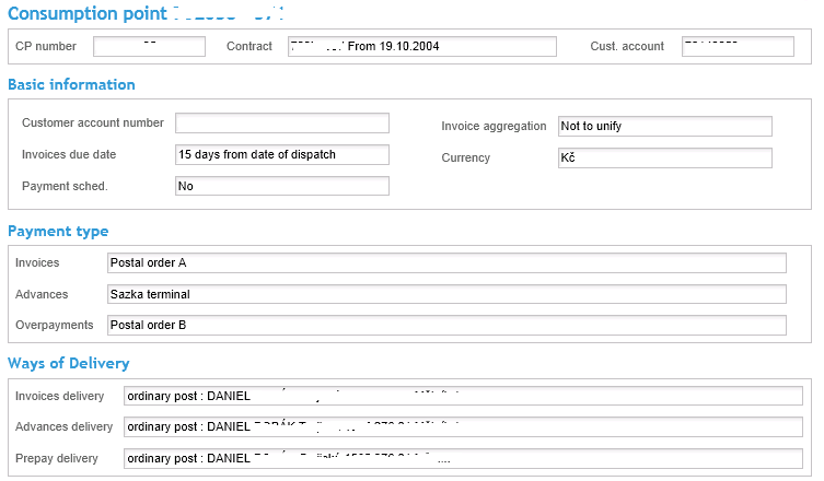 You can see data of consumption point, basic data of customer account, payment in advance setting and payment parameters in Customer account section.<br />
Part <b>Consumption point</b> contains consumption point number, contract number, contract validity and customer account number.<br />
Part <b>Basic information</b> contains customer account number, due date setting, compatibility settings of invoices, method sending of invoices and currency in which the invoices are. <br />
Part <b>Payment system</b> contains information method for invoice payment, advances and about method of overpayments refund. <br />
Part <b>Way of Delivery</b> contains informations about delivery channels for invoices, advances and other types of documents.